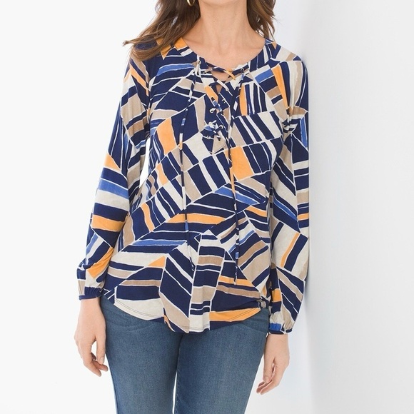 Chico’s Geometric Lace Up Blouse Size Large Blue Orange Abstract Print Top - Picture 1 of 11